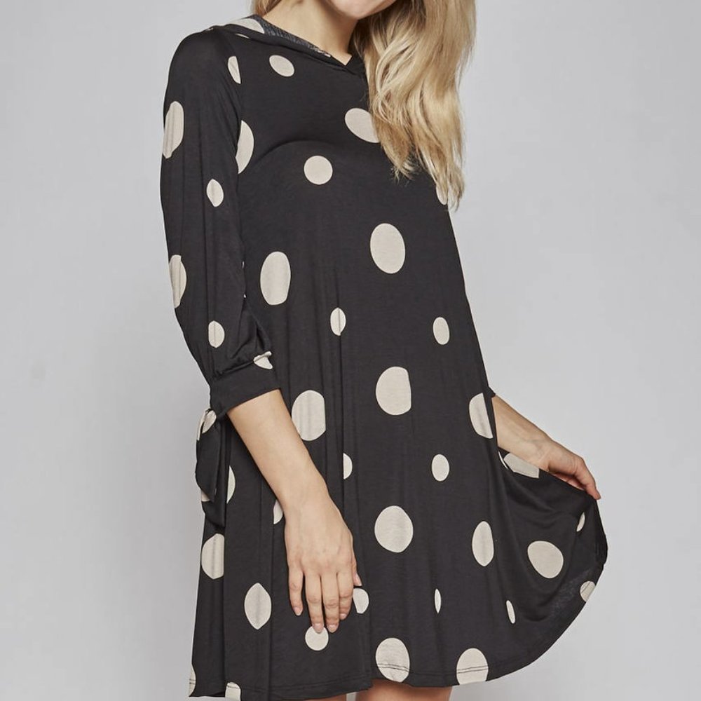 Watermelon Couture Small Black Polka Dots 3/4 Tie Sleeves Hooded Swing Dress